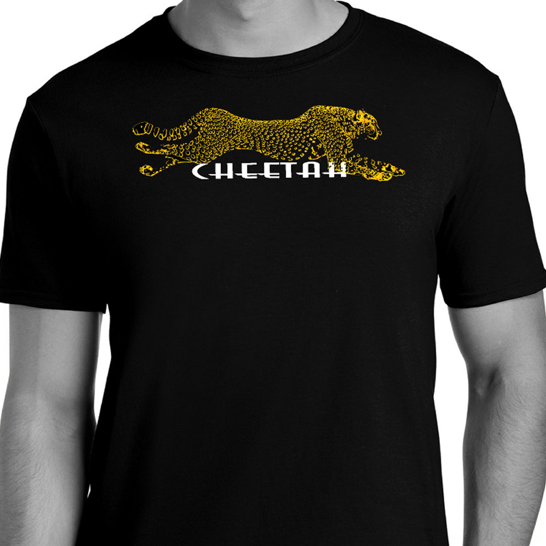 Cheetah ghost like running image, printed center chest on a black t-shirt