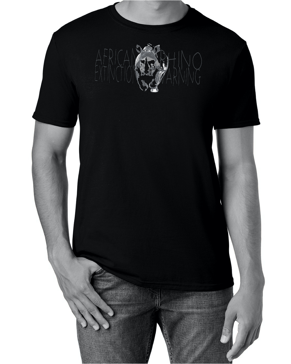 Black Crewneck T-Shirt with a charging rhino printed centre chest. The words African rhino extinction warning surrounds the image. 