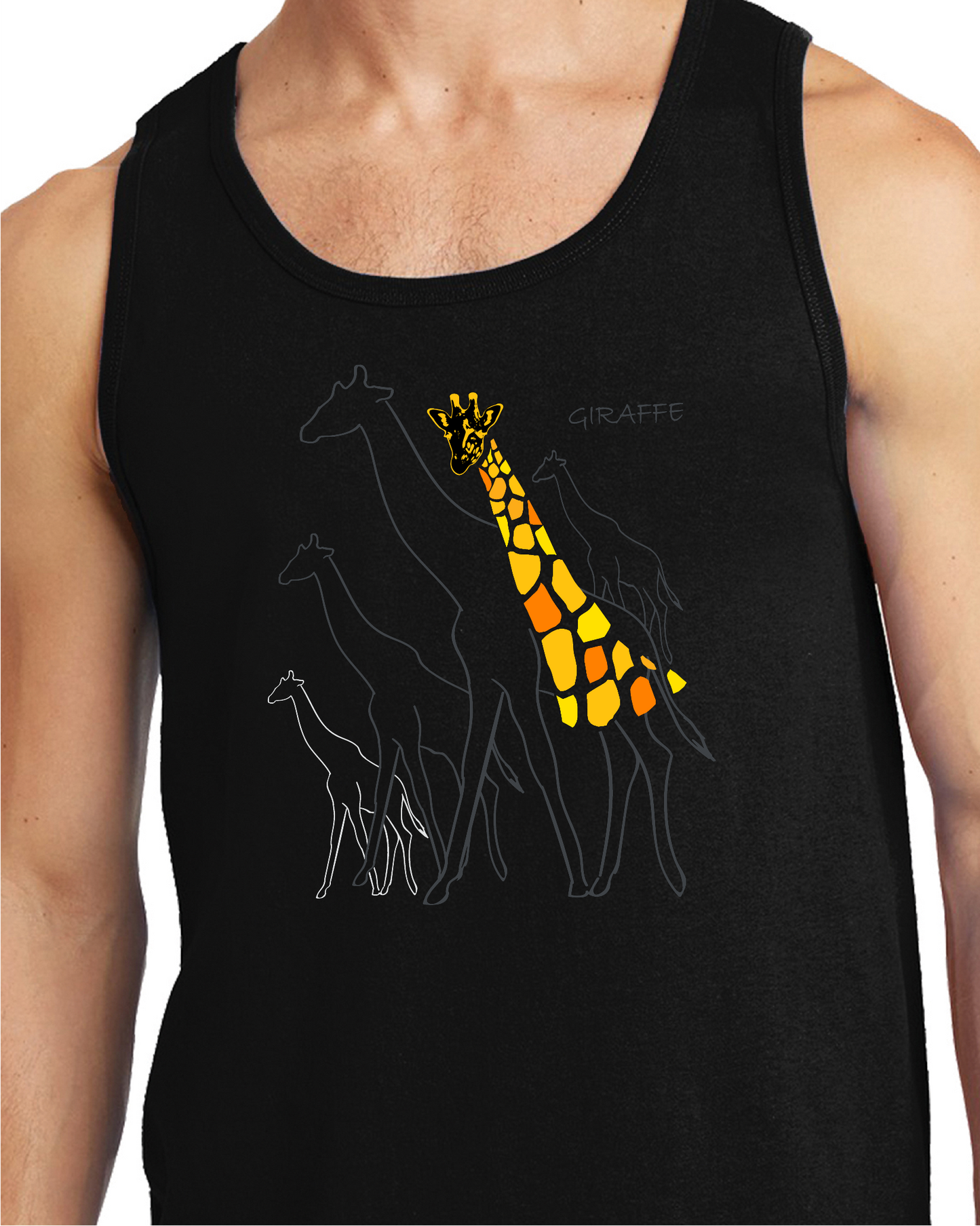 Black tank top with a colorful giraffe design on a white background