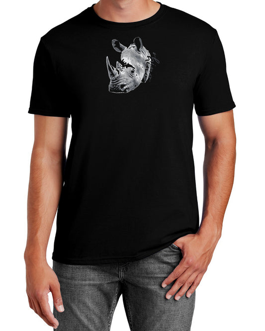 Distressed Effect Rhino Headshot Black Crewneck T-Shirt