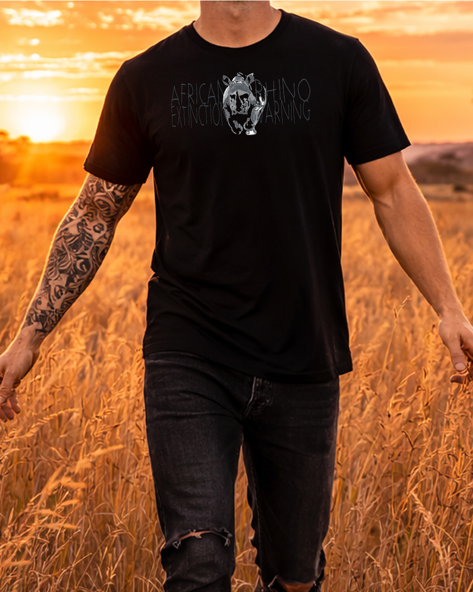 Ancient Rhino Extinction Warning Themed Black T Shirt