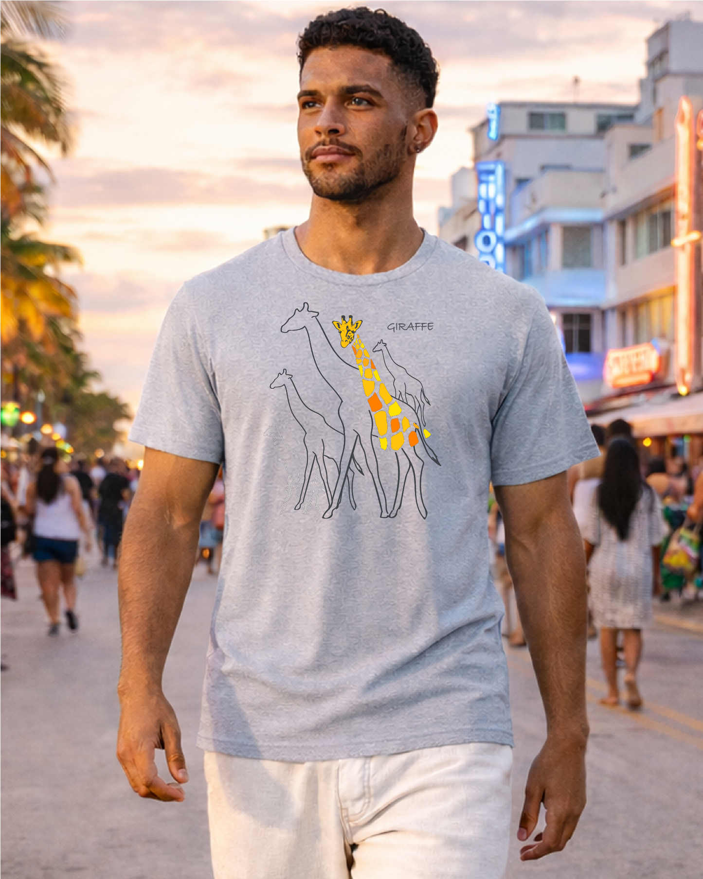 Graceful Ocean Drive Giraffe Walk Crewneck T-Shirt