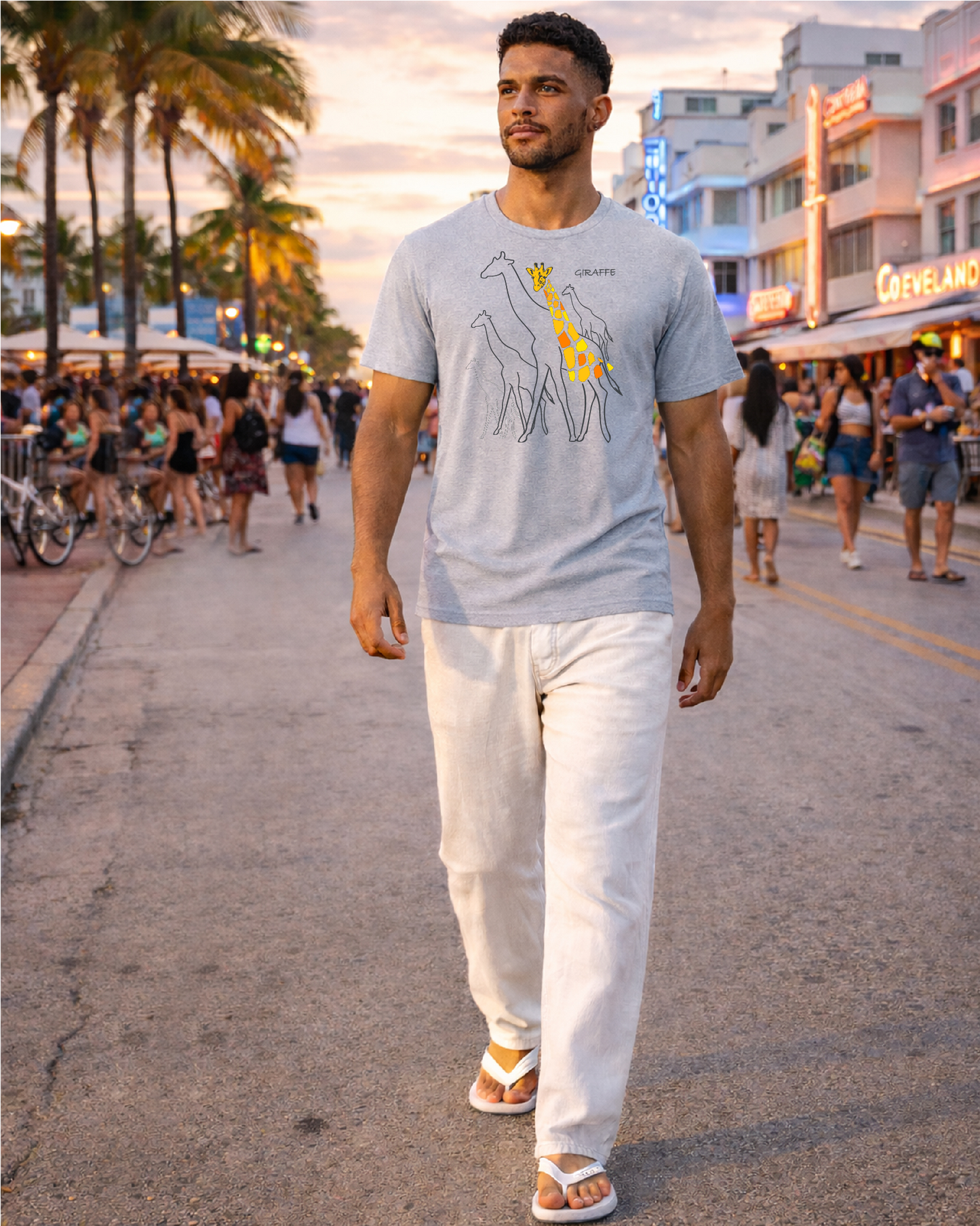 Graceful Ocean Drive Giraffe Walk Crewneck T-Shirt