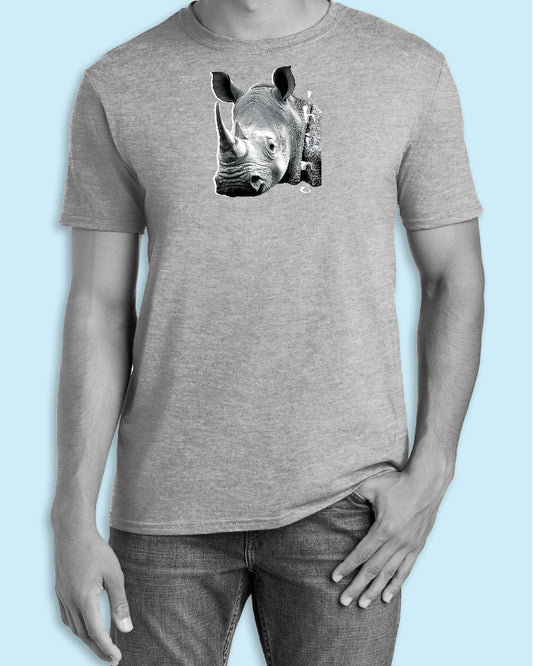 Rhino Headshot on Silver Crewneck T-Shirt