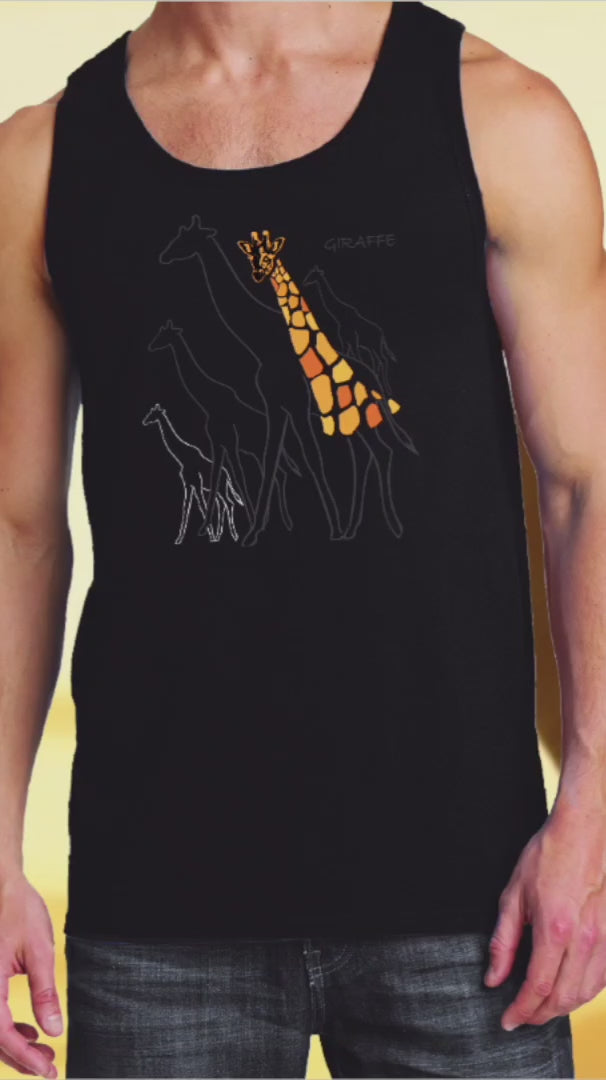 Giraffe herd printed on various apparel styles. 